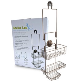 Gecko-Loc Extra Long Adjustable Hanging Shower Organizer with Deep Shelf - Over-the-Showerhead Storage for Shampoo, Soap & Bath Essentials - Durable Shower Shelves & Rack for a Tidy Bathroom (Bronze)