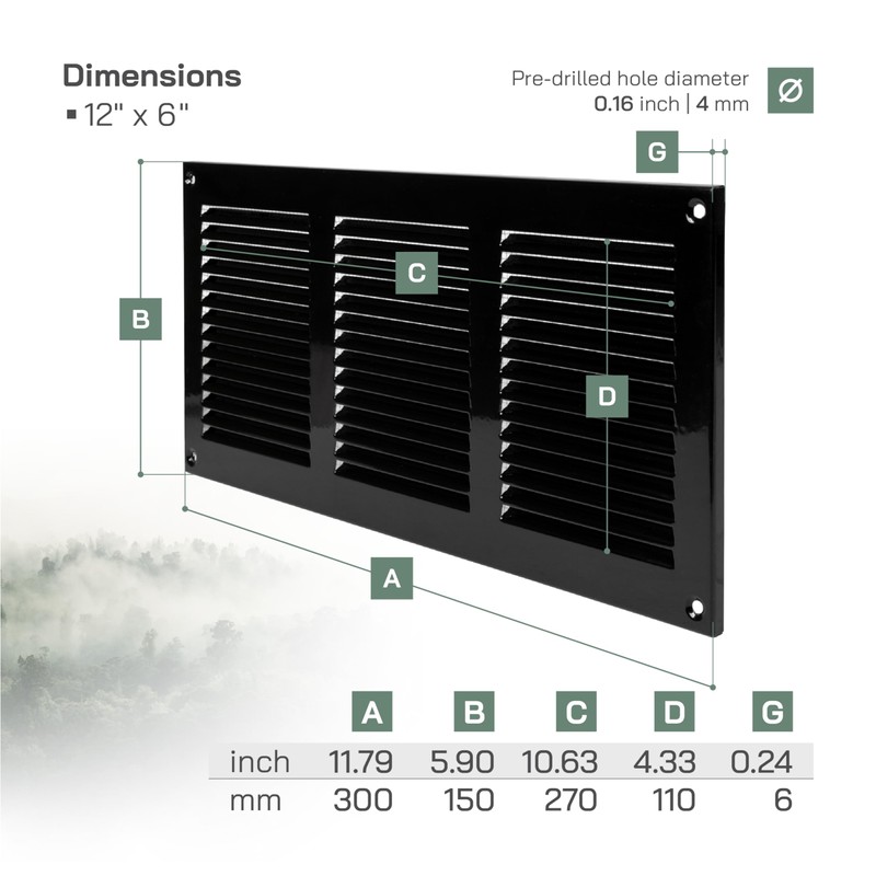 Vent Systems 12'' x 6'' Inch (Overall Dimensions) - Black