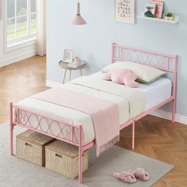 IDEALHOUSE Pink Metal Twin Bed Frame with Headboard/Footboard for Girls and Boys, Twin Size Platform Bed Frame with Iron-Art Sweet Heart, Under Bed Storage, No Box Spring Needed, Easy Assembly