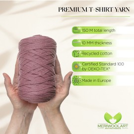 MeriWoolArt Cotton Yarn Ribbon Purple - 10 mm T-Shirt Tape Yarn for Knitting, Macrame, Crochet, Weaving, Gift Ribbon - 150 m Cotton Ribbon (Plum)