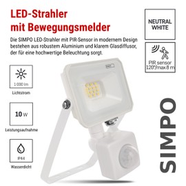 EMOS SIMPO LED Spotlight 10 W with Motion Sensor Super Bright 1000 lm IP44 Waterproof Floodlight for Wet Room or Outdoor Use Neutral White 4000 K Service Life 15000 Pieces 15 cm Connection Cable White