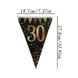 Tabanzhe 30th Happy Birthday Banner-12PCS Glitter Gold and Black Triangle Bunting Flags 30th Birthday Anniversary Party Decoration Supplies for Adults Kids Indoor Outdoor Birthday Parties