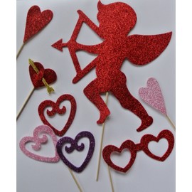 6 Pc Valentines Photo Booth Party Props Mustache on a Stick Bowler Hat Ladies Hat Mustaches Glasses so Cute Material Glitter Foamy