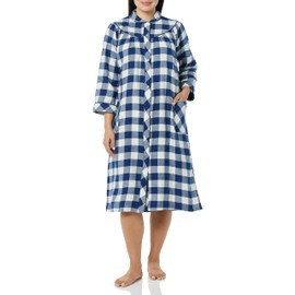 AmeriMark Women's Flannel Calf Length Snap Front Duster House Coat – Plush Bath Robe – Loose Plaid Bathrobe ¾ Sleeves