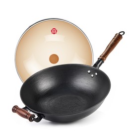 WANGYUANJI Cast Iron Wok,13.4 inch Flat Bottom Wok with Glass Lid,Suitable for All Cooktops, Uncoated Craft Pot Healthy Cooking Pot