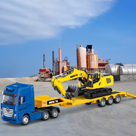 Dollox Diecast Flat Trailer Truck with Excavator Vehicles Toys 1/50 Scale Metal Engineering Site Trailer Truck High Detail Construction Model Collection Decoration Toy Gift for Kids(Blue)
