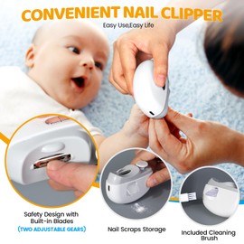 IvyWind Electric Baby Nail Clipper with LED Light, 2 in 1 Automatic Safety Fingernail Trimmer and File with Nail Scraps Storage for Newborn, Kids, Adult, Elderly, 2 Speeds, USB Rechargeable, White