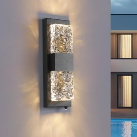 HITOO Dusk to Dawn Outdoor Lighting Fixture Wall Mounted - 14.2'' IP65 Waterproof Wall Sconce with 12W LED Crystal Modern Outside Wall Lamp for Hallway Doorway Porch Patio Backyard, Black, 1PCS