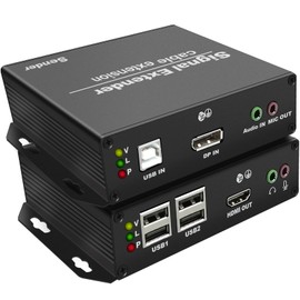 LornCeng 4K Display Port to HDMI KVM Extender Over IP up to 394ft, DP KVM Over Ethernet Cat5/Cat6a, Zero Latency Support 3D, IR, RS232, 4Port USB2.0