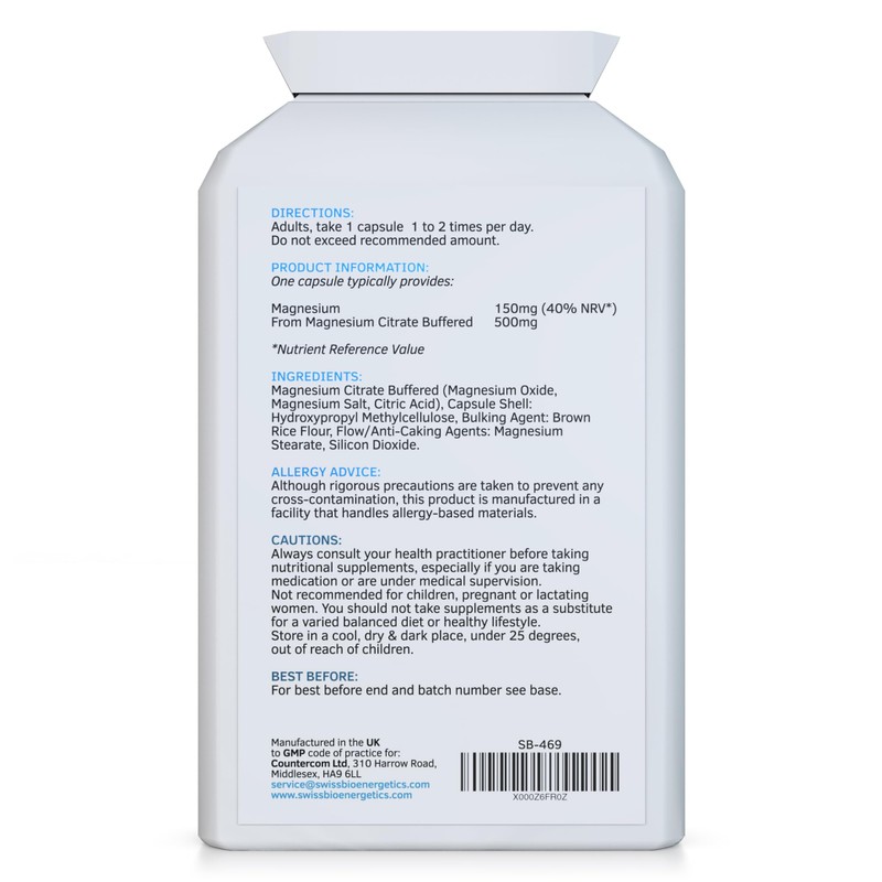 Magnesium Citrate 500mg 120 Capsules - Providing 150mg of Active