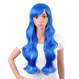 MapofBeauty 28 Inch/70 cm High-temperature fiber Side Bangs Long Wave Curly Hair Cosplay Wig (Bright Blue)
