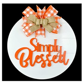 Spring Simply Blessed Door Hanger - Farmhouse Shiplap Round Front Porch Decor - Buffalo Plaid White (Orange)