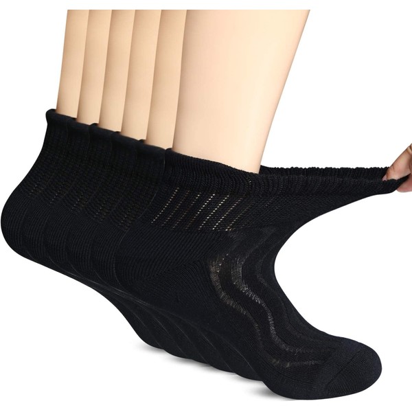 MD 6 Pairs Non-Binding Men's Moisture Wicking Cushion Quarter Bamboo Diabetic Socks 13-15 Black