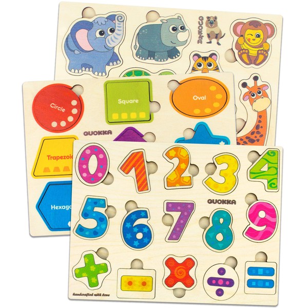 Wooden Toddler Puzzles for 1-3 Years Old – 3 Puzzles for Kids Ages 2-4 by Quokka – Babies’ Wood Toys for Learning Numbers, Vehicles and Animals; Preschool Puzzles Age 2 3 4