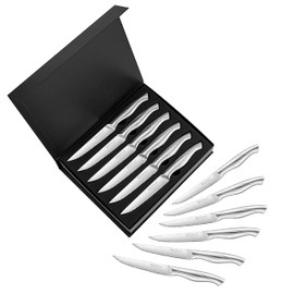 BECOKAY Steak Knives - Steak Knives Set of 12 High Carbon German Steel Serrated Steak Knife - Kitchen Cutlery Set 4.3 Inch Steak Knife Set - Ergonomic Full Tang Hollow Handle (Silver)