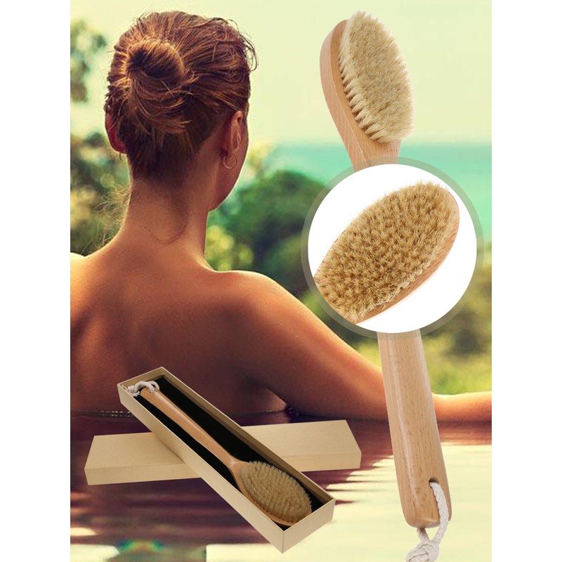 Bath Body Brush Long Handle Wooden Shower Brush with Natural