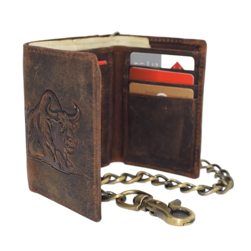 MARSHAL Men’s Brown Leather Angry Bull Chain Wallet – Trifold