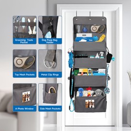 PUGPIU Dog Storage Organizer Hanging Over the Door, Dog Toy Box for Indoor Dog Cat, Dog Toy Storage Basket for Pet Supplies and Accessories Organization, Dog Treat Container for Dog Stuff (Dark Grey)