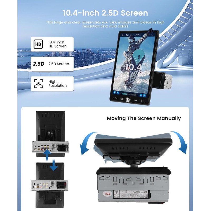 10.4 Inch Car Stereo Single Din Touch Screen Wireless Carplay,