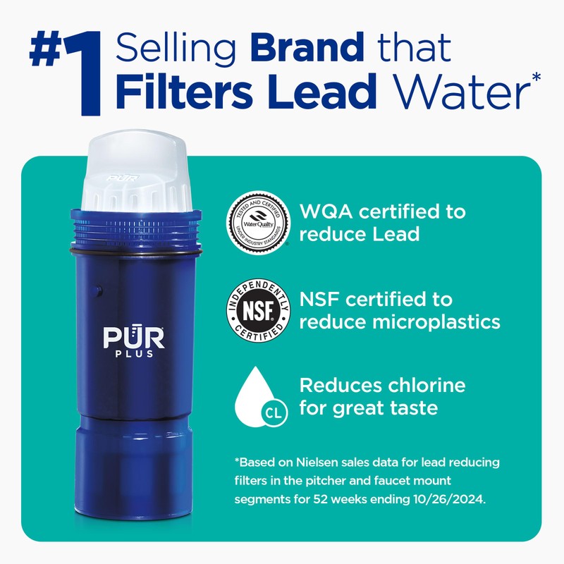 PUR Plus 11-Cup Water Pitcher, 1 Lead-Reducing Filter, Cleaner, Great-tasting