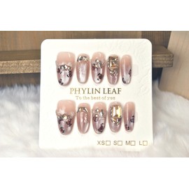 Press On Nails Handmade Fake Nails Medium Almond 3D Leopard print Diamond Reusable Art False Nails Set 10 PCS (PL027, Small)