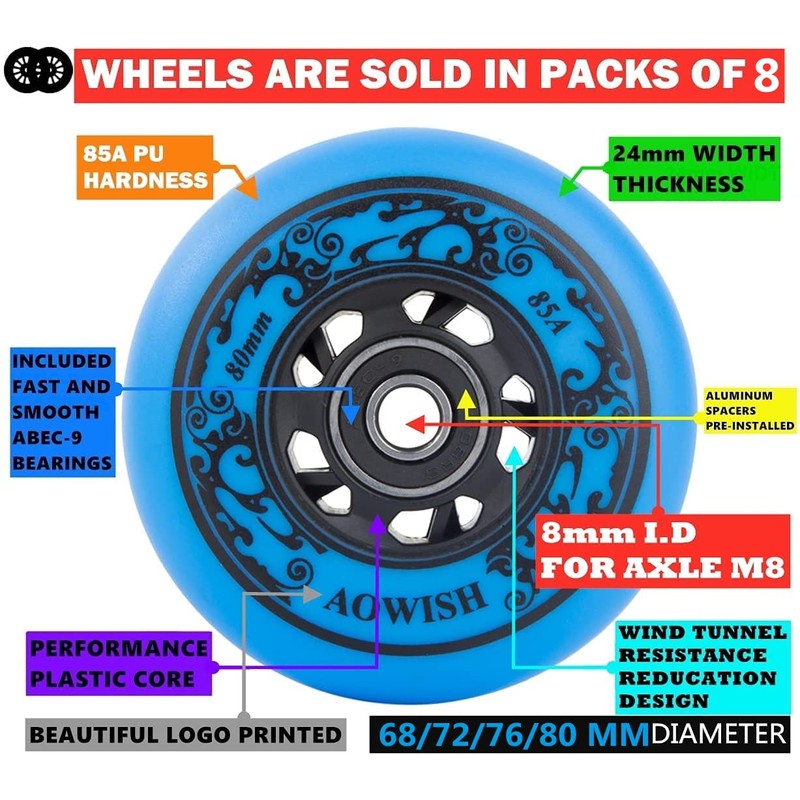 AOWISH Inline Skate Wheels 85A Outdoor Asphalt Formula Hockey Roller