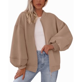 KIRUNDO Womens Fall Fashion 2025 Oversized Zip Up Sweatshirt Jackets Casual Long Sleeve Bomber Outerwear Winter Outfits(Khaki, Large)