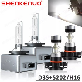 SHENKENUO For Jeep Cherokee 2014-2019 D3S HID Headlight + 5202 LED Fog Light Bulbs 6000K