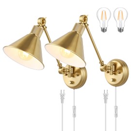 TRLIFE Wall Sconce Plug in, Dimmable Wall Sconces Set of 2 Wall Lights with Plug in Cord and Dimmer On/Off Knob Switch, Brushed Brass Swing Arm Wall Light, UL Listed(2 Pack, 2 Bulbs)
