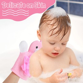 Gjinxi 2 Pcs Bath Mitt Washcloths Gloves, Cute Cartoon Exfoliating Glove Body Scrubber, Gentle Soft Scrub Bath Loofahs Sponges for Kids Shower Washing (Pink Rabbit and Yellow Duck)
