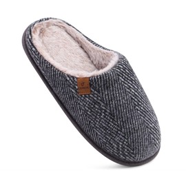 Coface Men's Memory Foam Slippers Warm Plaid Slippers Fluffy Plush Lined with Non-Slip Rubber Sole, Grey twill, 45 EU