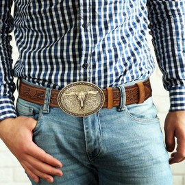 BISON DENIM Men's Western Double embossed leather belts with golden Cowboy Longhorn Bull Pattern Floral Engraved replaceable Buckle Belt