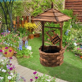 Tangkula Outdoor Wishing Well Water Fountain, Old-Fashioned Wood Waterfall Fountain w/Bucket Pump, Rustic Farmhouse Decoration for Garden, Backyard, 46 Inch Tall (22.5" x 22.5" x 48.5")