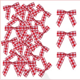 Meseey 50 Pcs Gingham Ribbon Bows 2.5 Inch Buffalo Plaid Premade Twist Tie Bows for Gift Wrapping, Wedding, Baby Shower, Birthday Party, Party Decorations, DIY Craft (Red White73)