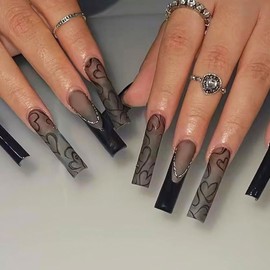 Black French Tip Press on Nails Long Square Fake Nails Gothic Style False Nails with LOVE Design Full Cover Acrylic Nails Extra Long Press on Nails Glossy Glue on Nails Stick on Nails for Women