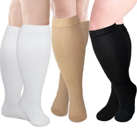 LEOSTEP 2XL-5XL Plus Size Compression Socks Plus Size for Men and Women, Wide Calves (3 Pairs), Circulation and Recovery, Increase Endurance, Hiking, Travel Socks 20-30mmHg, Single-Coloured