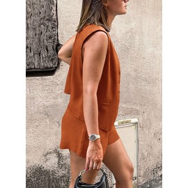 PRETTYGARDEN Women's 2 Piece Outfits Sleeveless Summer Matching Sets Button Down V Neck Vest Waistcoat and Pockets Shorts (Brick Red,X-Small)