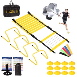 Kevirice Agility Ladder, Agility Speed Training Set, 20ft 12 Rung Agility Ladder, 4 Agility Hurdles, 5 Resistance Bands, 12 Resistance Cones, Running Parachute, Jump Rope for Athletes, Adults(Yellow)