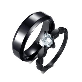 Gualiy Stainless Steel Rings Partner Ring Wedding Ring Men Women 6 mm Black Ring with Zirconia Heart Pair Rings, Cubic Zirconia