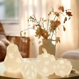 Leinuosen 4 Pcs Thanksgiving Lighted Resin Pumpkin Decorations Pumpkins Fall Centerpiece Table Figurines Decorations for Home Harvest Tabletop Autumn(White)