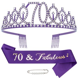Vovii 70th Birthday Sash and Tiara - Purple Rhinestone Tiara, Happy 70th Birthday Decorations for the Fabulous Woman
