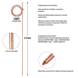GOUNENGNAIL- 4FT Copper Clad Grounding Rod with 10ft Ground Wire, 3/8" Dia. Copper Bonded Ground Rod Equipped with Integrated Cable Clips((Set of 1) 4 Feet Ground Rod + 10ft Ground Wire)