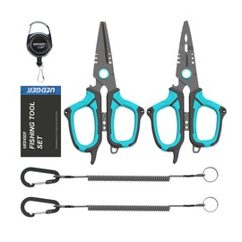 UEDGER Fishing Scissors Line Cutter - Saltwater Fishing Pliers Kit with Retractors, Serrated Blades for Braid Line, Multifunction Split Ring Pliers Hook Remover Tools Gifts for Fisherman