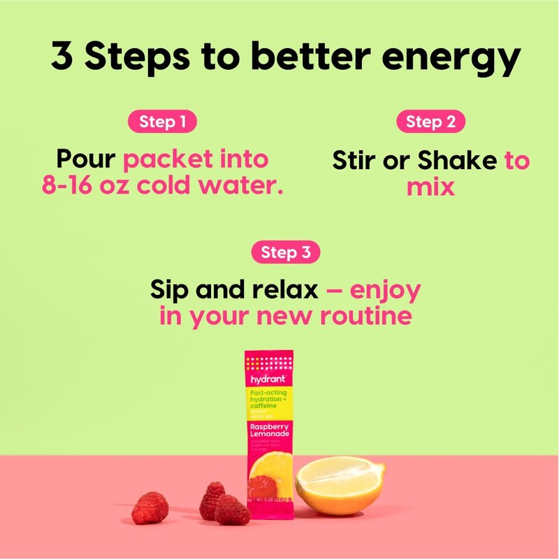 Hydrant - Energy Electrolyte Powder, Raspberry Lemonade Flavor, 12 Caffeine