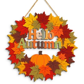 Hello Autumn Wooden Hanging Sign Maple Tree Front Door Sign Autumn Thanksgiving Welcome Sign for Harvest Indoor Outdoor Home Porch Wall Decor (Brown)