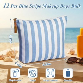 Hillban 12 Pcs Blue Striped Makeup Bags Bulk Canvas Cosmetic Bag Beach Themed Gifts Travel Toiletry Organizer Zipper Pouch Bags for Women Bridemaids Party Favors