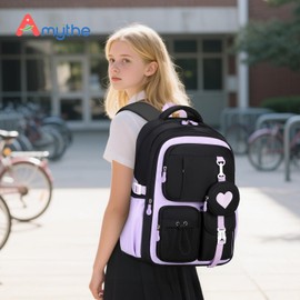 Amythe School Bag Girls School Backpack for Girls 1st - 5th Grade with Cute Coin Bag, Casual Backpack School for Kids Teenagers, Ideal for School and Travel, black