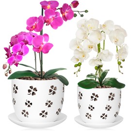 REMIAWY Orchid Pot, 2 Pack Plastic Orchid Pots with Drainage Holes and Saucer, 6 Inch and 5 Inch Large Orchid Planter for Repotting Indoor Plants Flower, Breathable Design for Good Air Circulation