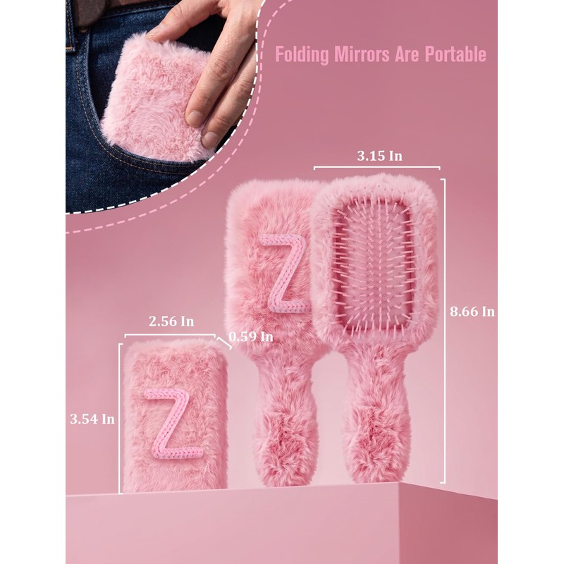 Initial Fluffy Detangler Brush & Compact Mirror, Cute Gifts for