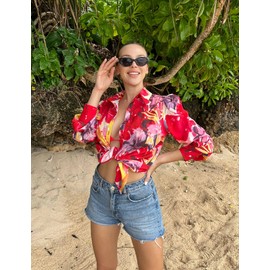 Zeagoo Womens Shirts Long Sleeve Red Flower Print Blouse for Woman Button up Tops 2024 Fashion Small